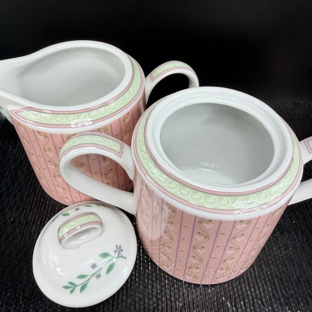 Lynn Hollyn Toscany Town Country Creamer Sugar‎ Bowl Set Pink Heart Stripe Japan